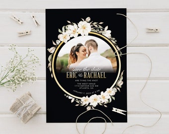 Round Elegant Magnolia Frame Wedding Save The Date Cards