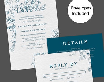 Indigo Floral Wedding Invitation, Formal Wedding Invitation, Floral Invitation, Botanical Invitation, Printed Wedding Invitations