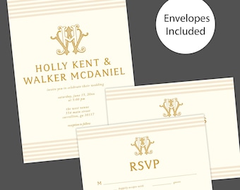 Striped Ends Gold Monogram Wedding Invitation