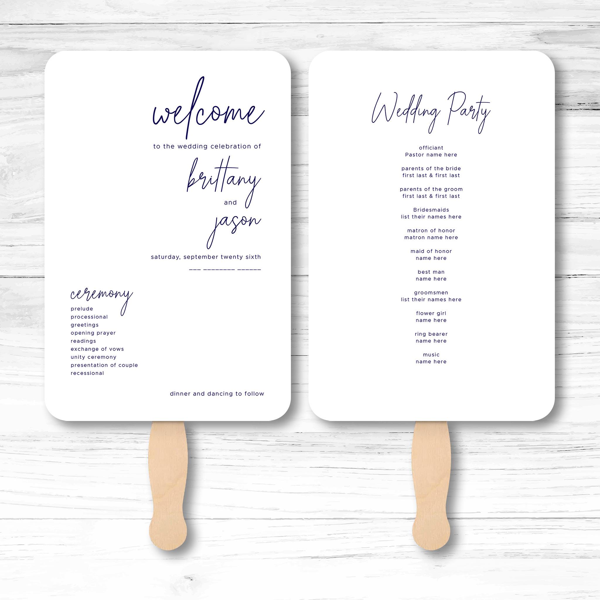 Customizable Elegant Script Wedding Program Fans with Wooden Handle - Personalized Ceremony Accessories