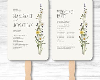 Elegant Wildflower Wedding Program Fans: Customized Ceremony Accessories with Printed Details & Wooden Handle