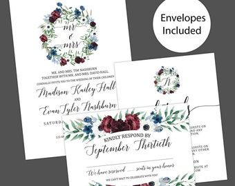 Colorful Wreath Wedding Invitation, Formal Wedding Invitation, Floral Invitation, Botanical Invitation, Printed Wedding Invitations