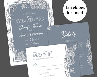 Elegant Dusty Blue Gray Floral Wedding Invitations - Formal Botanical Printed Stationery Set