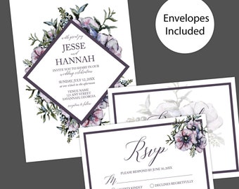 Purple Diamond Wedding Invitation, Formal Wedding Invitation, Floral Invitation, Botanical Invitation, Printed Wedding Invitations