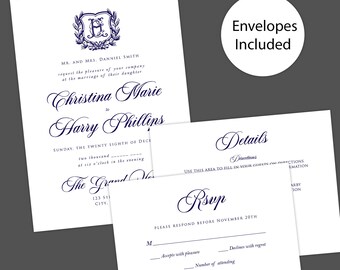 Elegant Vintage Wreath Shield Monogram Wedding Invitation: Classic Navy Crest Design with Formal Script