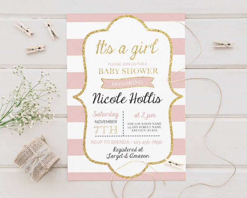 Printed Baby Shower Invitation It/'s a Girl Gold Glitter Shower Sweet Baby Announcement