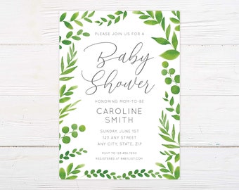 Printed Baby Shower Invitation: Elegant Leaf Border Shower Invitation