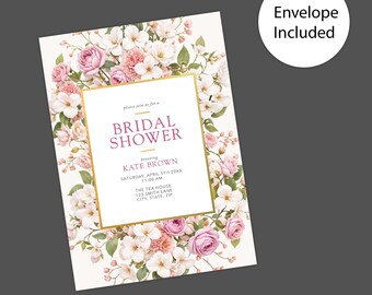Elegant Spring Floral Gold Border Invitation for Bridal Showers, Luncheons, and Garden Parties