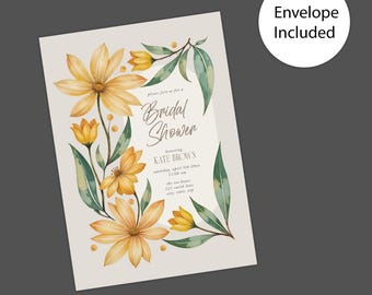 Spring Yellow Daisies Shower Invitation - Printed Bridal Luncheon Invite with Botanical Border,
