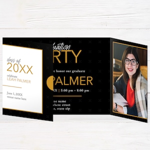 May include: Black and gold graduation party invitation with a photo of a woman wearing glasses. The invitation says "Class of 20XX" and "Celebrate Leah Palmer".