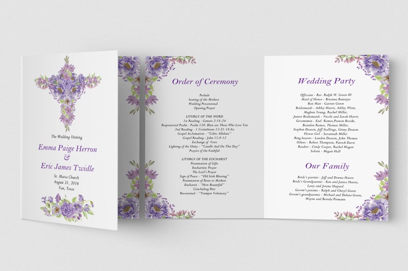 Catholic wedding program booklet, Purple wedding program, Catholic