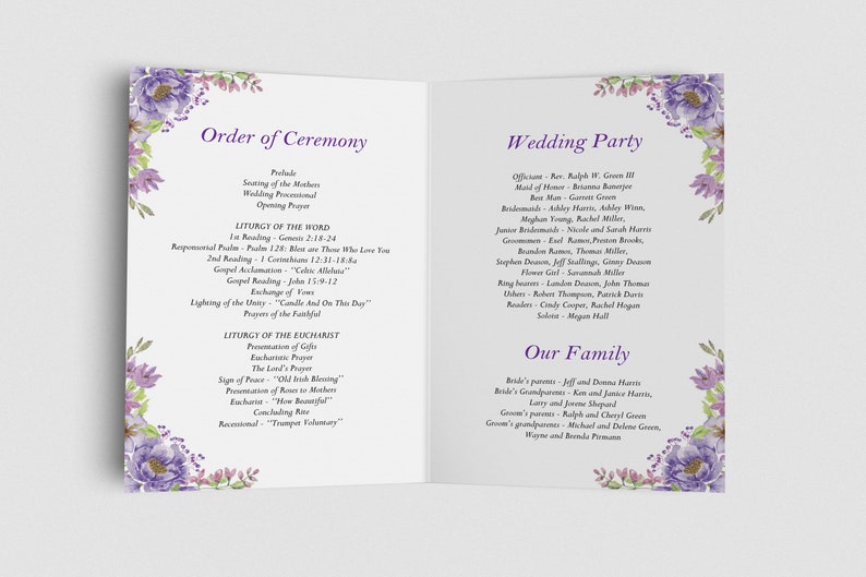 Catholic wedding program booklet, Purple wedding program, Catholic