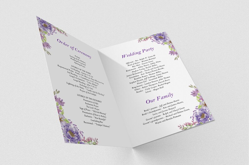 Catholic wedding program booklet, Purple wedding program, Catholic