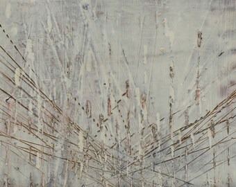 Puede incluir: Pintura abstracta sobre lienzo con fondo blanco y líneas marrones y grises que crean un efecto texturizado.