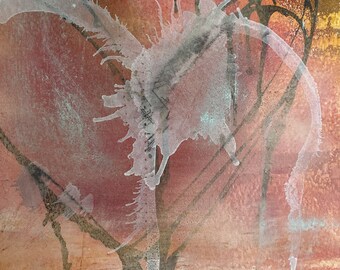Puede incluir: Pintura abstracta con una forma de corazón formada por líneas negras y salpicaduras de pintura blanca sobre un fondo rojo, naranja y amarillo.
