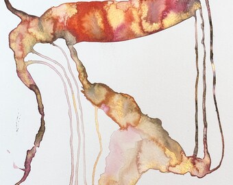Puede incluir: Pintura abstracta de acuarela con una forma orgánica fluida en tonos de rojo, naranja, marrón y dorado. La forma se asemeja a una figura estilizada o a un río que fluye.
