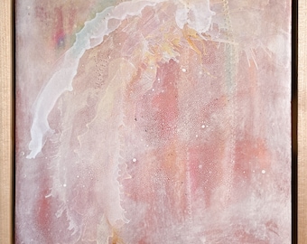 Puede incluir: Pintura abstracta con una forma orgánica blanca y fluida sobre un fondo rosa con motas blancas.