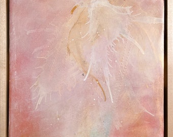 Puede incluir: Pintura abstracta con fondo rosa y salpicaduras de pintura blanca y marrón. La pintura tiene un toque suave y etéreo.