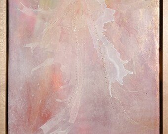 Puede incluir: Pintura abstracta con un esquema de color rosa y blanco. La pintura presenta un diseño de salpicaduras blancas sobre un fondo rosa.