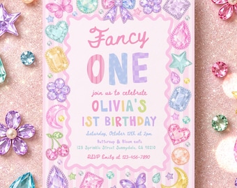 Fancy One 1st Birthday Party Invitation Whimsical Gem Party Pastel Rainbow Gemstone Fancy Jewel Birthday Digital Template or Printed RA3