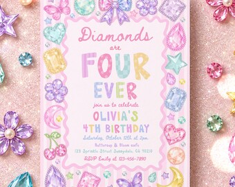 Gem 4th Birthday Party Invitation Diamonds Are Four Ever Girl Whimsical Pastel Gemstone Fancy Jewel Party Digital Template or Printed RA3