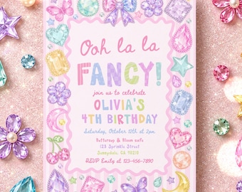 Ooh La La Fancy Gem Birthday Party Invitation Whimsical Pastel Gemstone Fancy Jewel Party Digital Template or Printed RA3