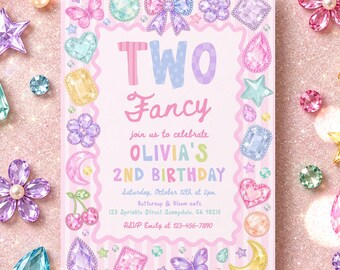 Two Fancy 2nd Birthday Party Invitation Whimsical Gem Party Pastel Rainbow Gemstone Fancy Jewel Birthday Digital Template or Printed RA3