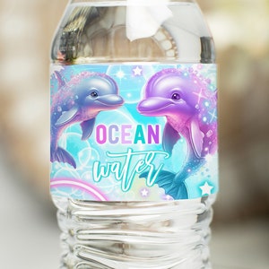 Editable Dolphin Birthday Party Water Bottle Labels Tie Dye Neon Glow Rainbow Dolphin Under The Sea Party Decorations Instant Download KD