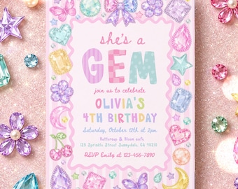 She’s a Gem Birthday Party Invitation Girl Whimsical Pastel Rainbow Gemstone Birthday Fancy Jewel Party Digital Template or Printed RA3