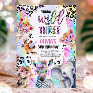 Editable Young Wild And Three Safari Animals Birthday Invitation Pastel Rainbow Cheetah Print Safari Birthday Party Invite Download XQ