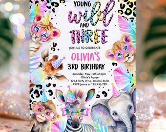 Editable Young Wild And Three Safari Animals Birthday Invitation Pastel Rainbow Cheetah Print Safari Birthday Party Invite Download XQ