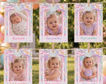 1st Birthday Monthly Photo Banner Fun To Be One Whimsical Party For A Girl Garland Pastel Rainbow   Party Decor Digital Download U71