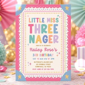 May include: A rectangular birthday invitation card featuring a cream center with colorful text reading Little Miss Three Nager, Hailey Rose's 3rd Birthday, Sat Aug 4th 2pm, Buttercup & Bloom Cafe, 123 Sprinkle Street, Sunnydale, CA, and RSVP 123-456-7890.