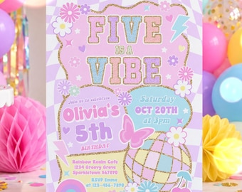 May include: A rectangular birthday invitation card with a light purple and white checkered background. The text reads FIVE IS A VIBE, Olivia's 5th BIRTHDAY, Saturday OCT 20TH at 3pm, and Rainbow Realm Cafe 1234 Groovy Grove Sparkletown 567890.
