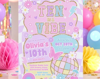 May include: A rectangular birthday invitation card with a light purple and white checkered background. The text reads TEN IS A VIBE, Olivia's 10th BIRTHDAY, Saturday OCT 20TH at 3pm, and includes graphics of a butterfly, disco ball, and rainbow.