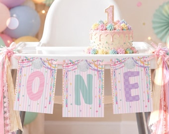 1st Birthday High Chair Banner Fun To Be One Whimsical Party For A Girl Garland Pastel Rainbow   Party Decor Digital Download U71
