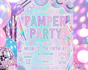 May include: A rectangular party invitation card with a pastel gradient background featuring illustrations of nail polish, makeup, and a sleep mask. The text reads: You're invited to a PAMPER PARTY to celebrate MEGAN'S 7TH BIRTHDAY, August 12, 2PM to 5PM.