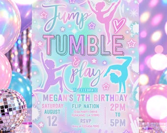 May include: A rectangular party invitation card with a pastel gradient background featuring silhouettes of gymnasts, stars, and hearts. The text reads: Jump Tumble & play to celebrate Megan's 7th birthday, Saturday August 12, 2pm to 5pm, Flip Nation, 1234 Party Drive, Funland, LA 57890, RSVP Amy at 123-456-7890, dress to bounce and glow.