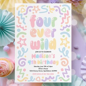 Editable Four Ever Wild 4th Birthday Party Invitation Colorful Balloon Letters Doodle 4th Birthday Party Instant Download ER5