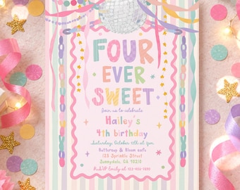 Four Ever Sweet 4th Birthday Invitation Girl Whimsical Garland Pastel Rainbow 4th Birthday Party Invite Digital Template or Printed U71