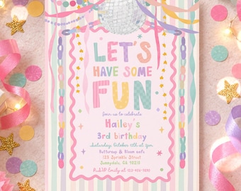 Let's Have Some Fun Whimsical Birthday Party Invitation Girl Whimsy Garland Pastel Rainbow Birthday Invite Digital Template or Printed U71