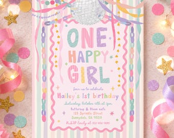One Happy Girl 1st Birthday Invitation Girl Whimsical Garland Pastel Rainbow 1st Birthday Party Invite Digital Template or Printed U71