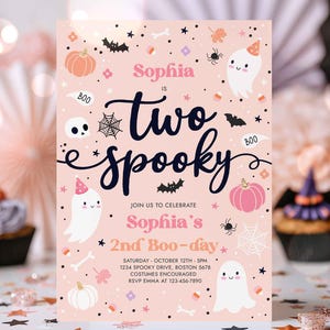 Editable Two Spooky Halloween Ghost 2nd Birthday Party Invitation Cute Pink Ghost 2nd Birthday Spooktacular 2nd Birthday Instant Download DS