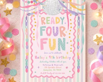 Ready Four Fun 4th Birthday Invitation Girl Whimsical Garland Pastel Rainbow 4th Birthday Party Invite Digital Template or Printed U71