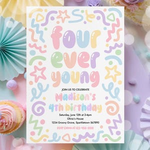 Editable Four Ever Young 4th Birthday Party Invitation Colorful Balloon Letters Doodle 4th Birthday Party Instant Download ER5