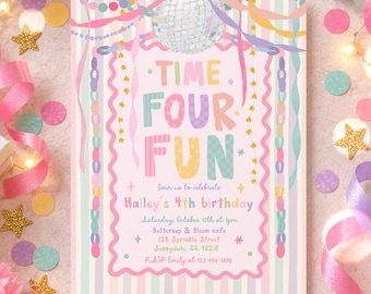 Time Four Fun 4th Birthday Invitation Girl Whimsical Garland Pastel Rainbow 4th Birthday Party Invite Digital Template or Printed U71