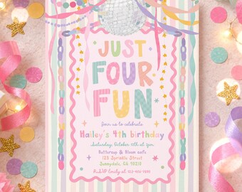 Just Four Fun 4th Birthday Invitation Girl Whimsical Garland Pastel Rainbow 4th Birthday Party Invite Digital Template or Printed U71