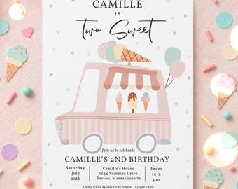 Może przedstawiać: Prostokątne zaproszenie na urodziny z ilustracją różowej ciężarówki z lodami, pastelowym konfetti oraz tekstem Camille is Two Sweet, Camille's 2nd Birthday, zawierające szczegóły wydarzenia, datę, godzinę i lokalizację w Bostonie.