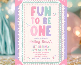 Editable Fun To Be One Birthday Invitation Girl Vintage Whimsical Frame First Birthday Party Invite Instant Download T6G