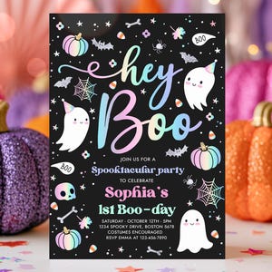 Editable Halloween Pastel Ghost Birthday Invitation Hey Boo Girly Cute Ghost Birthday Party Spooktacular Halloween Party Instant Download DQ